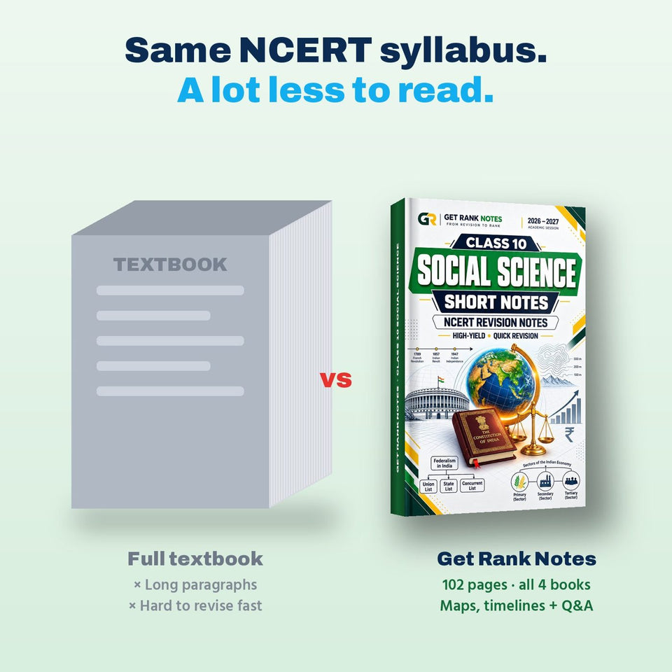 Four Social Science textbooks compared with the 102-page Get Rank Notes book