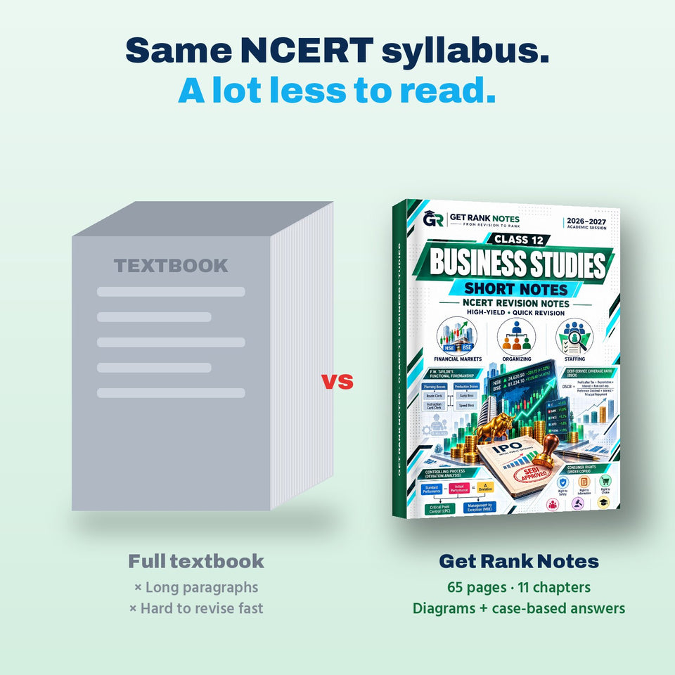 Full Business Studies textbook compared with the 65-page Get Rank Notes book